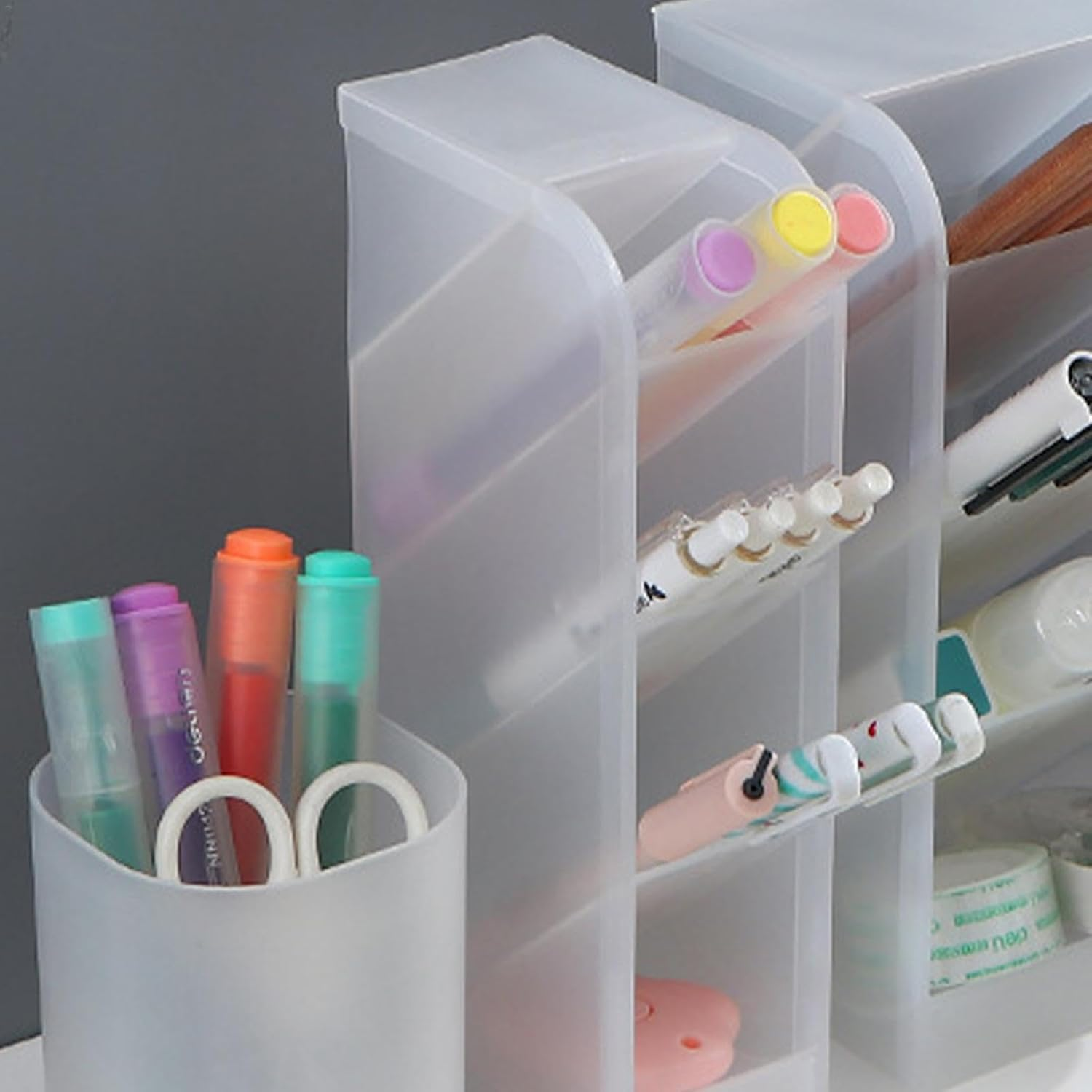 Pen Organizer | Pencil Holder | Desk Supplies Organisers | Art Marker Storage Rack | Watercolour Brushes Stand | Translucent Slanted Pen Storage | Mesh Desk Tidy for School and Office | Desk Organizer image number 2