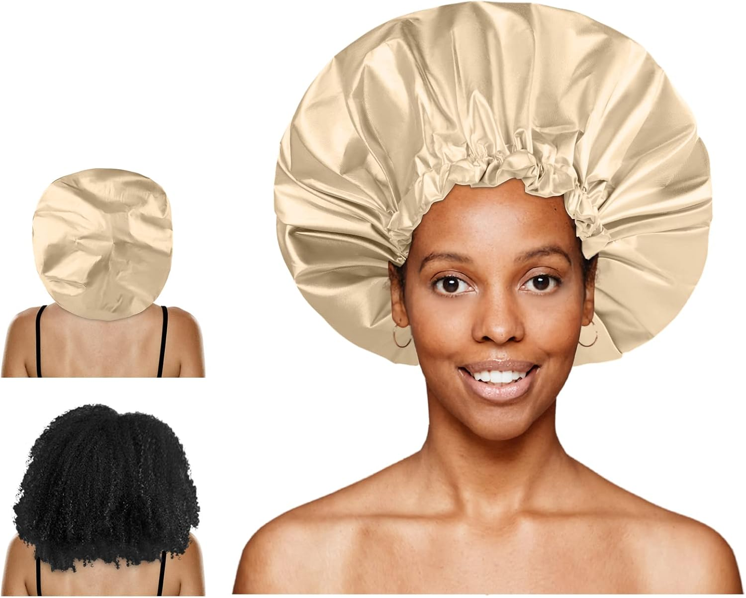 Shower Cap, Large Adjustable & Reusable, Double-Layer for Dreadlocks, Waterproof Bath Cap for Women, Girls, Braids, SPA, Long Hair (Khaki)
