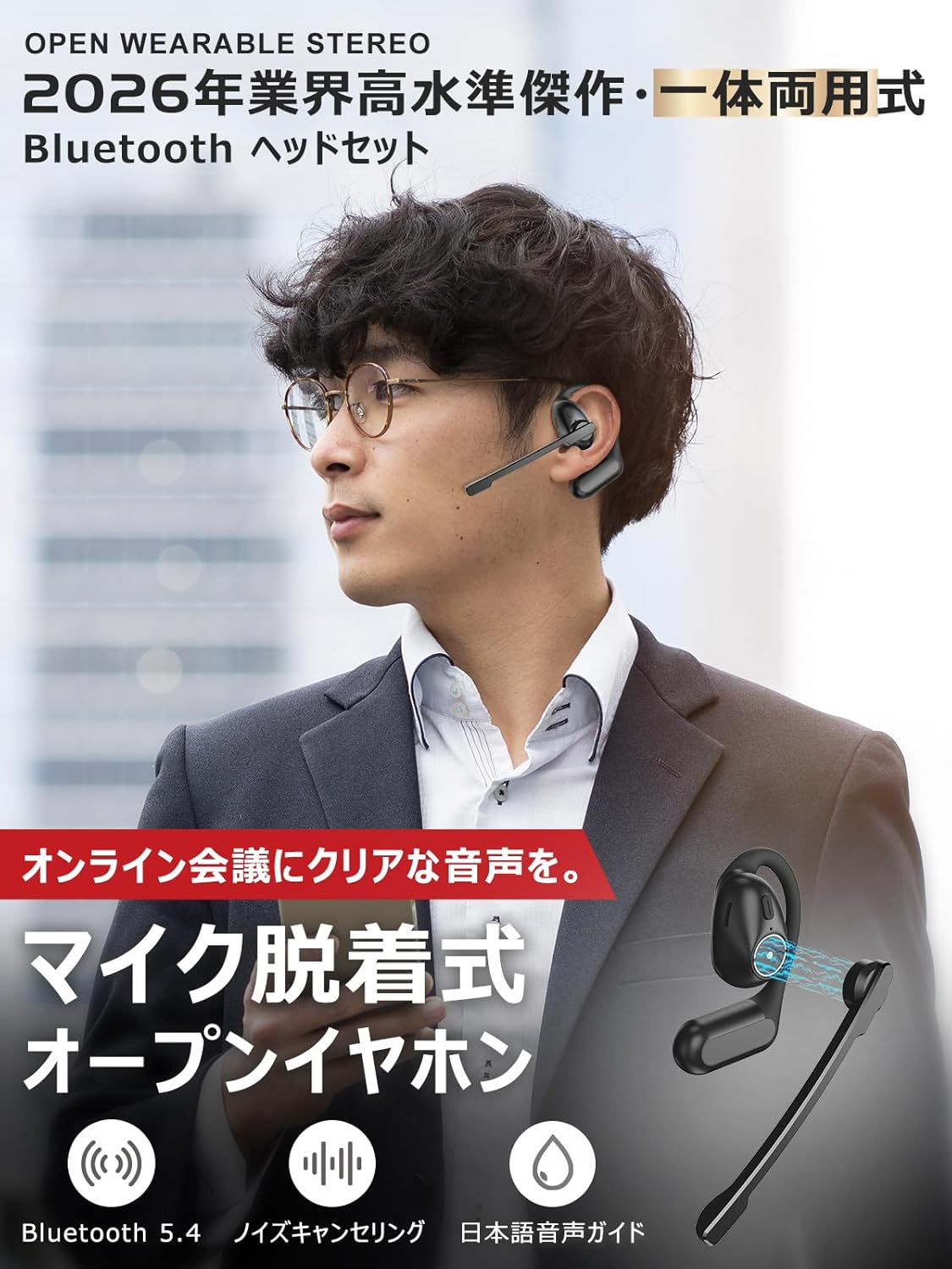 Iitrust J123-C-BLK 2024 Industry High Standard Masterpiece Bluetooth Wireless Open Ear Headset with Detachable Mic, Black