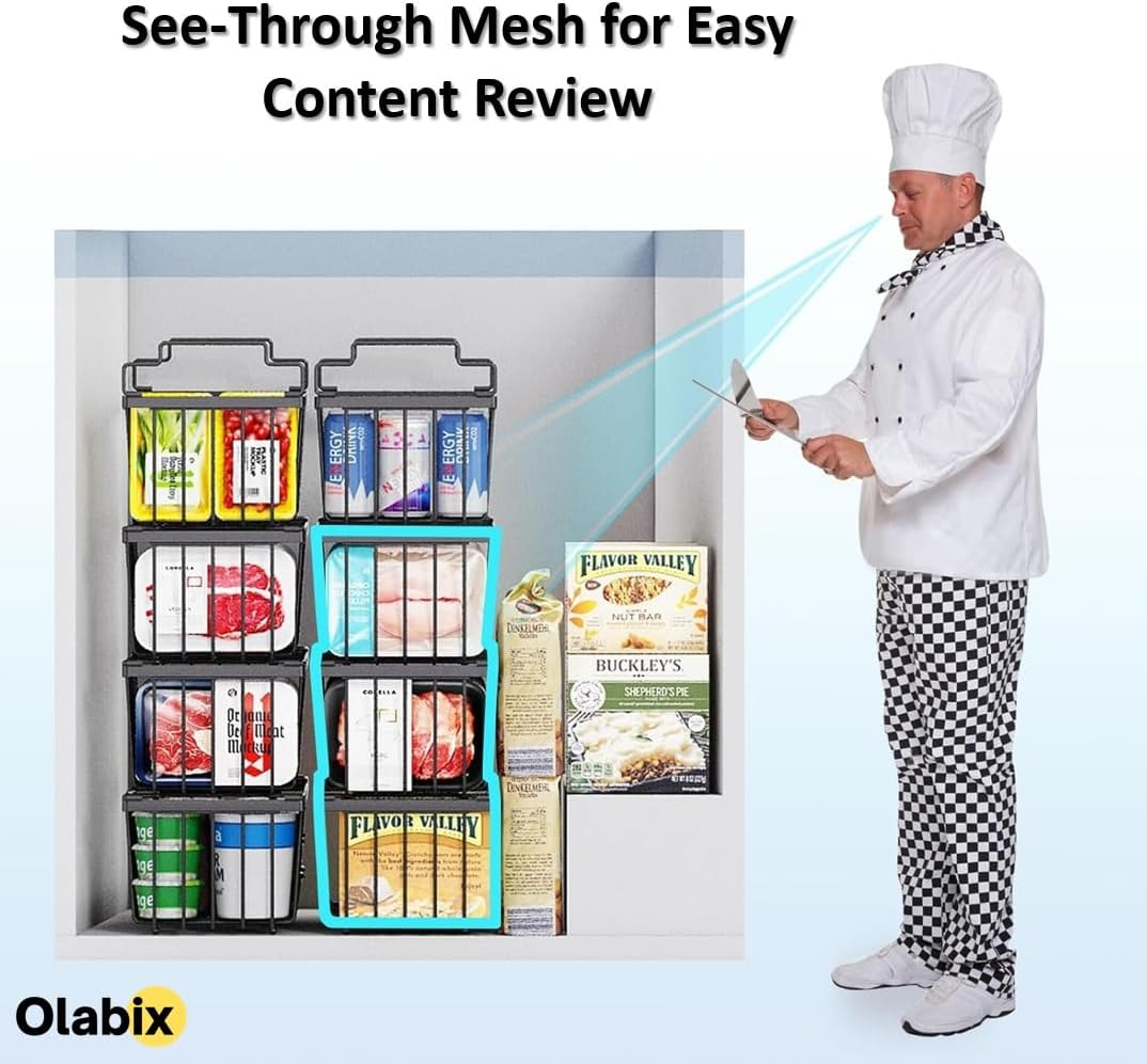 OLABIX Freezer Organiser Bins with Side Handles (37X18X13Cm), Stackable Chest Metal Wire Storage Basket Deep Freezer Organizer Sort Frozen Meats, Vegetables, Foods for Kitchen & Pantry (4-Pack) image number 5