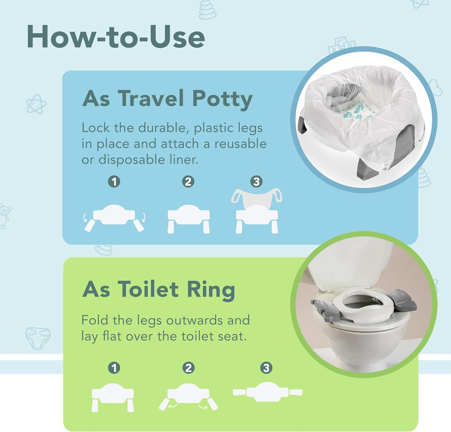 Kalencom Potette plus 2-In-1 Travel Potty and Trainer Seat - Dual-Purpose Potty Training Toilet Seat - Portable Potty for Toddler Travel - with Durable, Lock-In Legs and Splash Guard - White/Gray image number 3