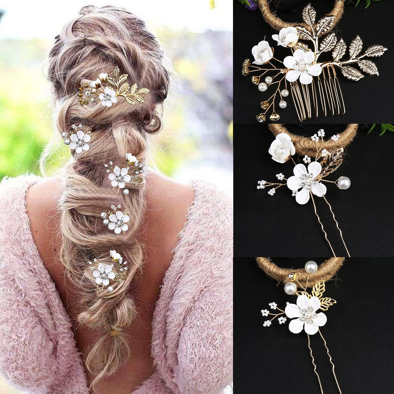 5 Pieces Bridal Flower Wedding Hair Pins Crystal Pearl Hair Pins Clips Headpiece Gold Wedding Hair Accessories Jewelry with Rhinestone for Brides Bridesmaids Women Girls Updo(Pure White Flower) - Exquisite Flower Leavesspecial Cream Blue image number 2