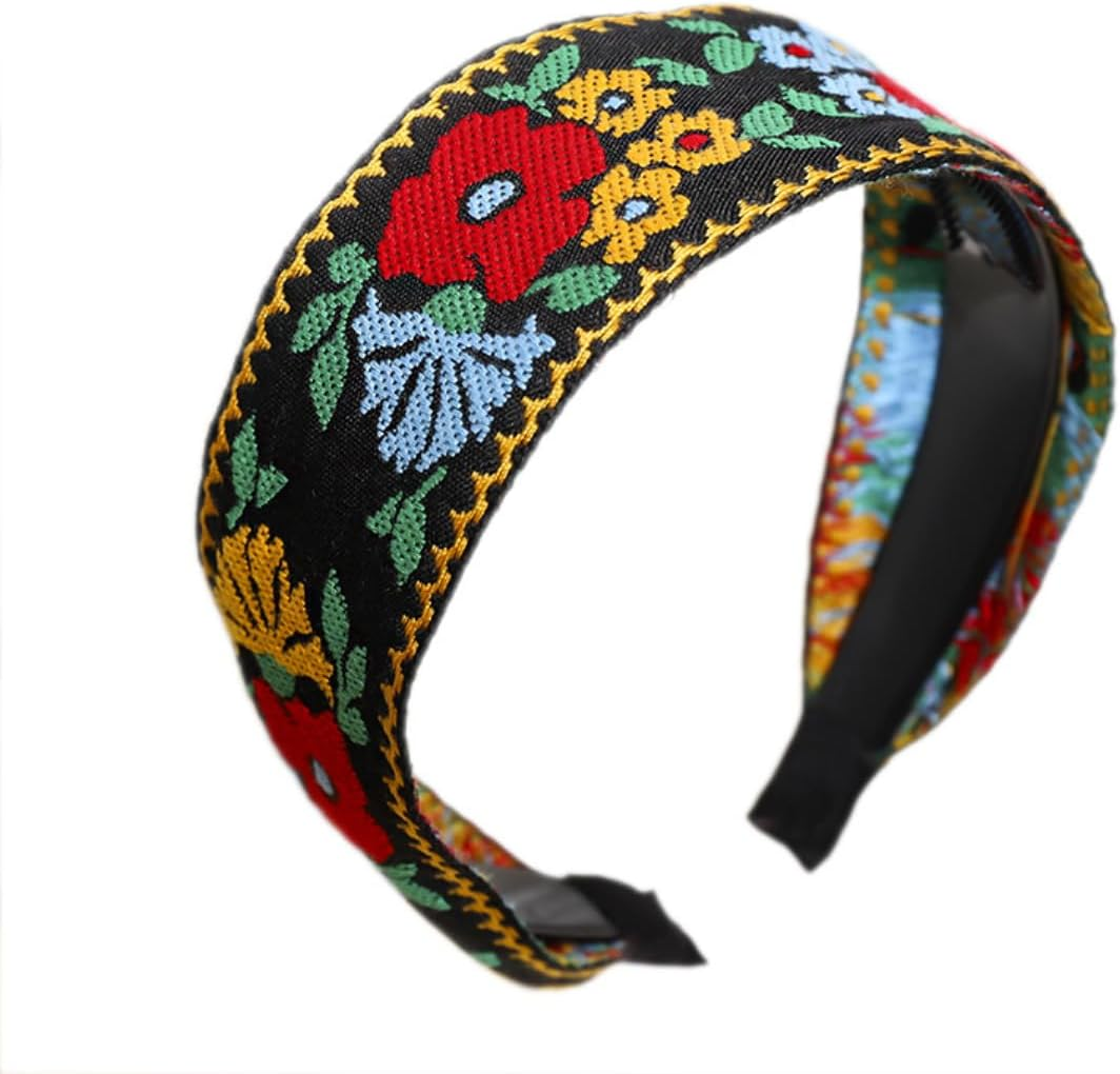 Women'S Vintage Flower Headband, Bohemian Embroidered Headband, Wide Hairband with Teeth, Non-Slip Hair Accessories for Costume, Shower, Yoga, Black, Pack of 1 image number 2