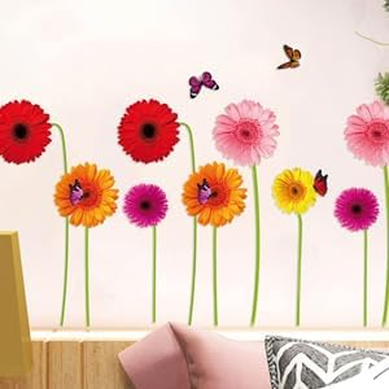 Maydahui 2 Sheets Gerbera Daisy Flowers Wall Decal 3D Floral Butterfly Wall Stickers (30*37 Inch) Peel & Stick Removable Modern Art Mural Decor for Kitchen Kids Bedroom Living Room( Pink,Red,Yellow,Orange) image number 4