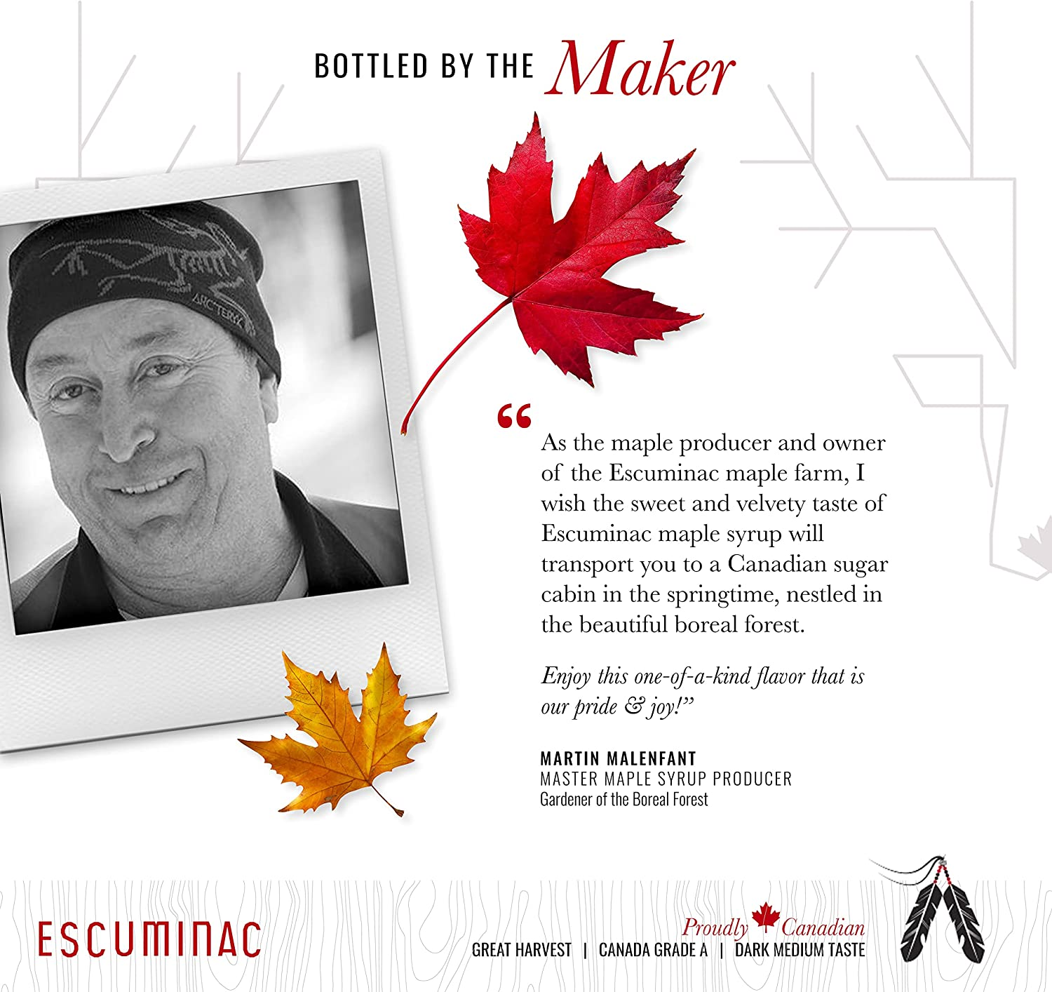 Pure Canadian Maple Syrup by Escuminac Maple Farm. Family Size Format. (33 Fl Oz) 1L. Canada Grade A, Medium Taste, Great Harvest. 100% Organic, Single Origin, Bottled by the Maker. image number 1