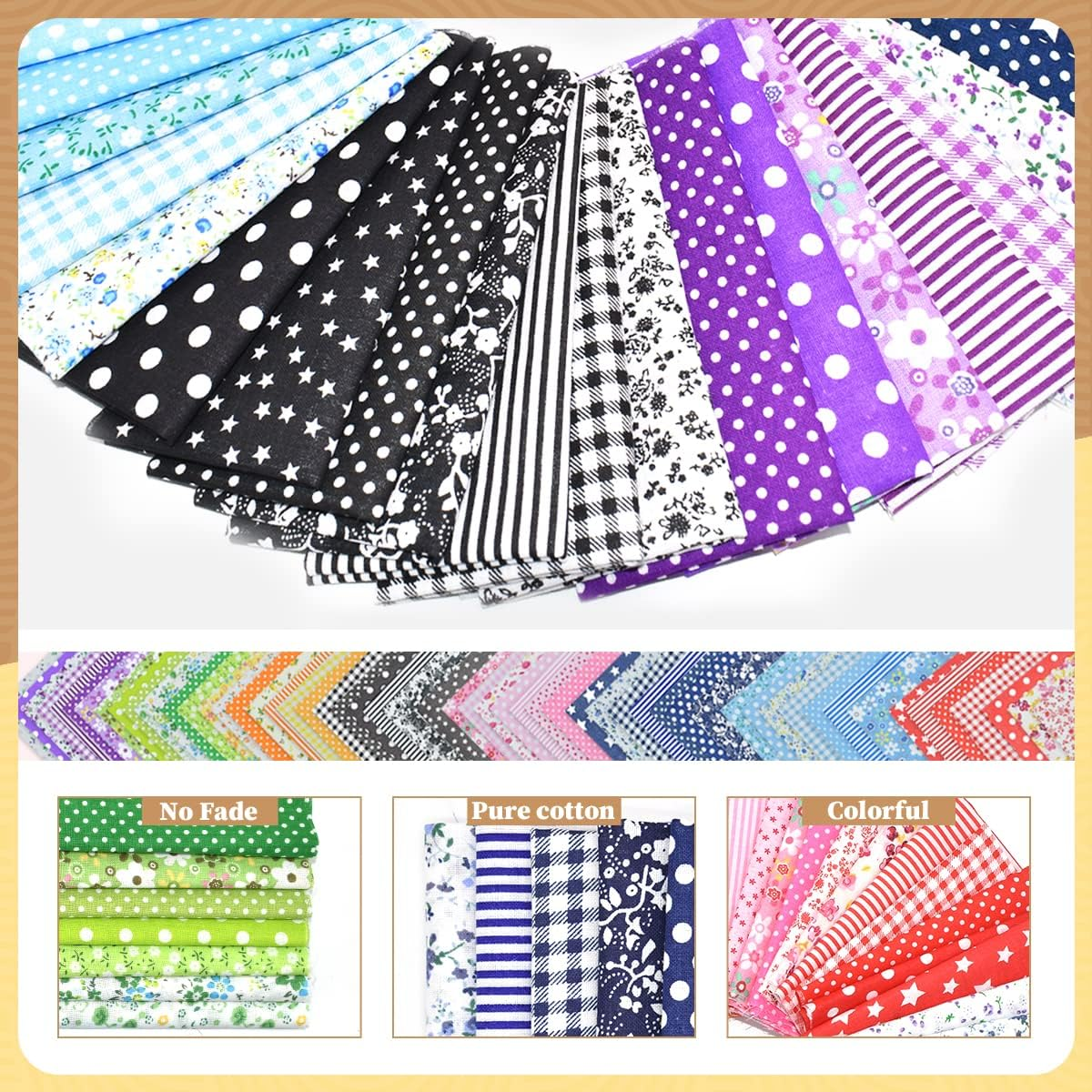 9.8X 9.8 Cotton Print Fabric Bundle Squares Pre-Cut Multicolor Design Printed Quilting Sewing Floral for Quilting Patchwork DIY Craft Scrapbooking Cloth (Red/Yellow/Green/Blue/Pink/Purple/Black/Navy) image number 6