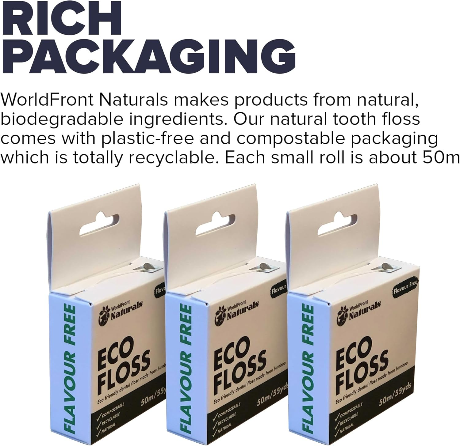 Naturals Dental Floss for Teeth Clean, Removing Plaque & Food Debris - Biodegradable White Unflavored Tooth Flosses Made of Organic Bamboo - Compostable Plastic Free Packaging - 50M image number 4