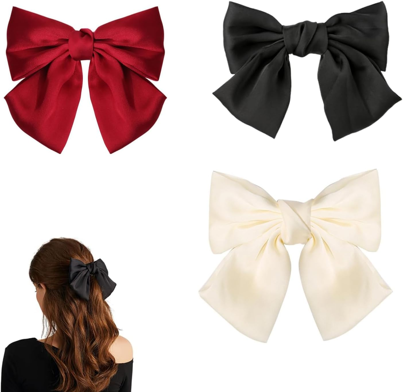 Bow Hair Clip,3 Pcs Hair Bows for Women,Hair Bows,Bows for Hair,Hair Styling Accessories,Big Bowknot Hairpin Soft Satin Silky Hair Bows for Women Girls (Black,Beige and Red) image number 4