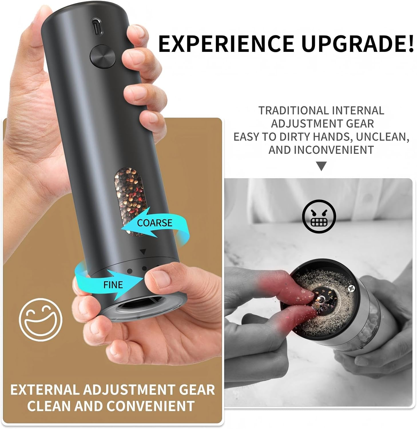 Electric Pepper Grinder Rechargeable, Auto-Grind with 110Ml Container, 6 Levels Adjustable Coarseness, White Led Light and One-Handed Operation, Great for Bbqs, Picnics & Kitchens (2-Pack) image number 3