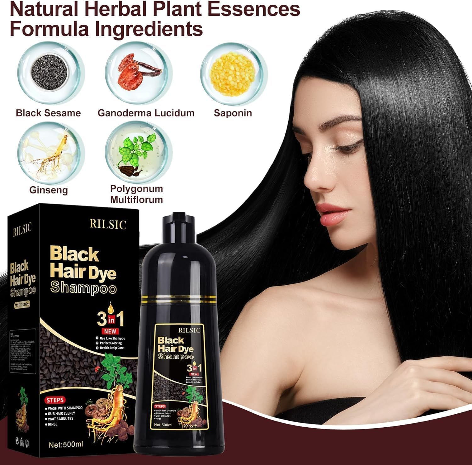 Black Hair Color Shampoo, 500ML Instant Hair Dye Shampoo - 3 in 1 Hair Dye for Grey Hair Coverage - Long Lasting - Natural - Coloring in Minutes for Women Men image number 1