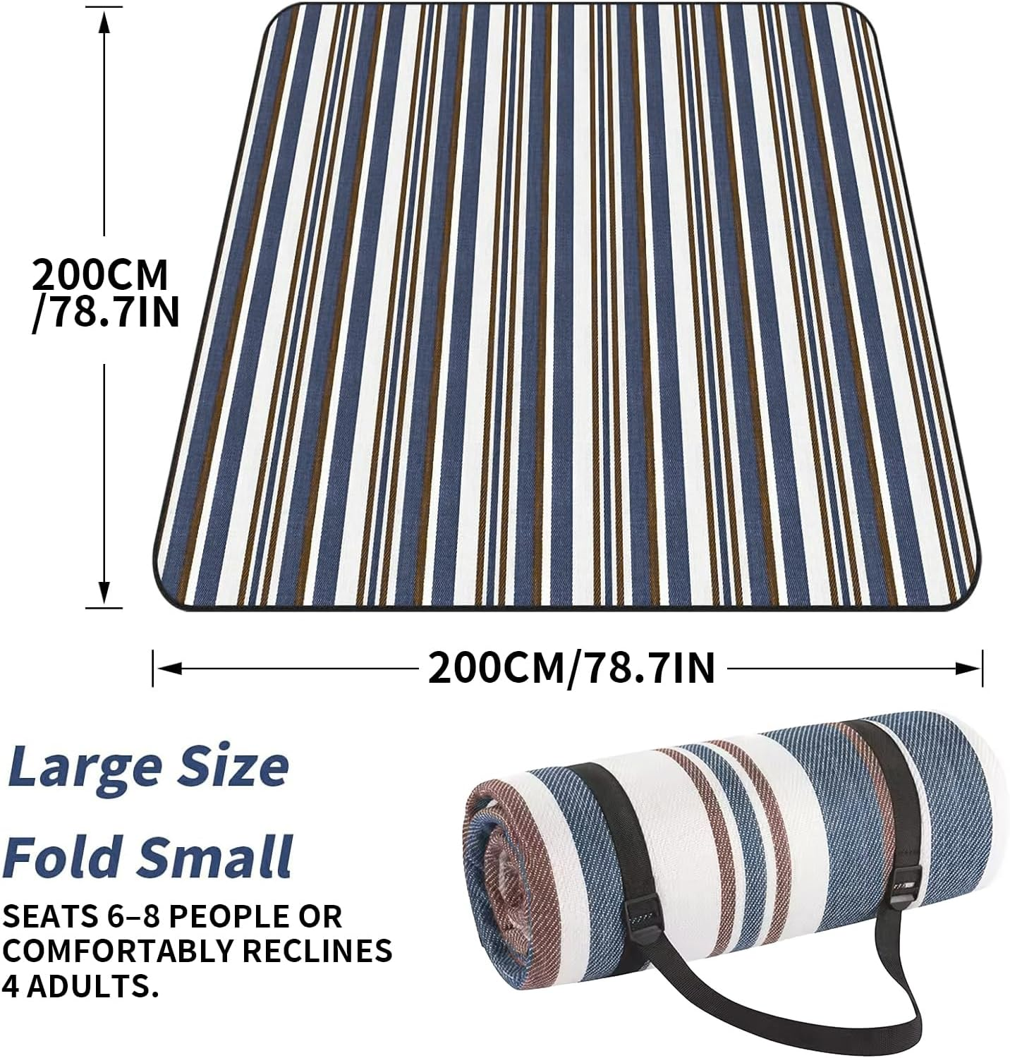 Zalizr Extra Large Waterproof Picnic Blanket, 200 X 200 CM, Foldable 3-Layer Outdoor Mat for 6-8 Adults, Portable Picnic Mat with Carry Strap for Camping, Beach, Park, Grass & Indoor Use image number 3