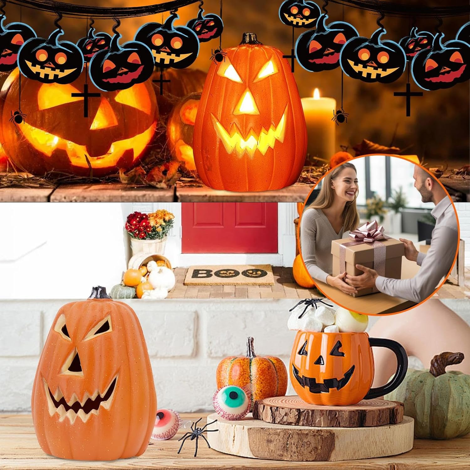 Light up Pumpkin - Decorative Scary LED Decor - Halloween Decorative Hollow Lights for Party Home Indoor Bedroom Living Room Kitchen Table Shelf Cabinet Fireplace Mantel image number 1