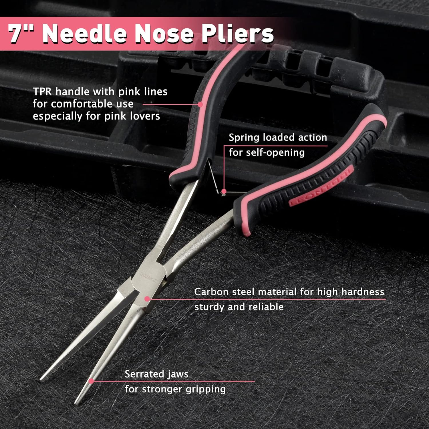 LEONTOOL Long Reach Needle Nose Pliers with Teeth 7-Inch Extra Long Needle Nose Plier for Jewelry Making Small Long Reach Long Nose Plier Non-Slip Handles Working in Tight Spaces, Pink Tool for Women