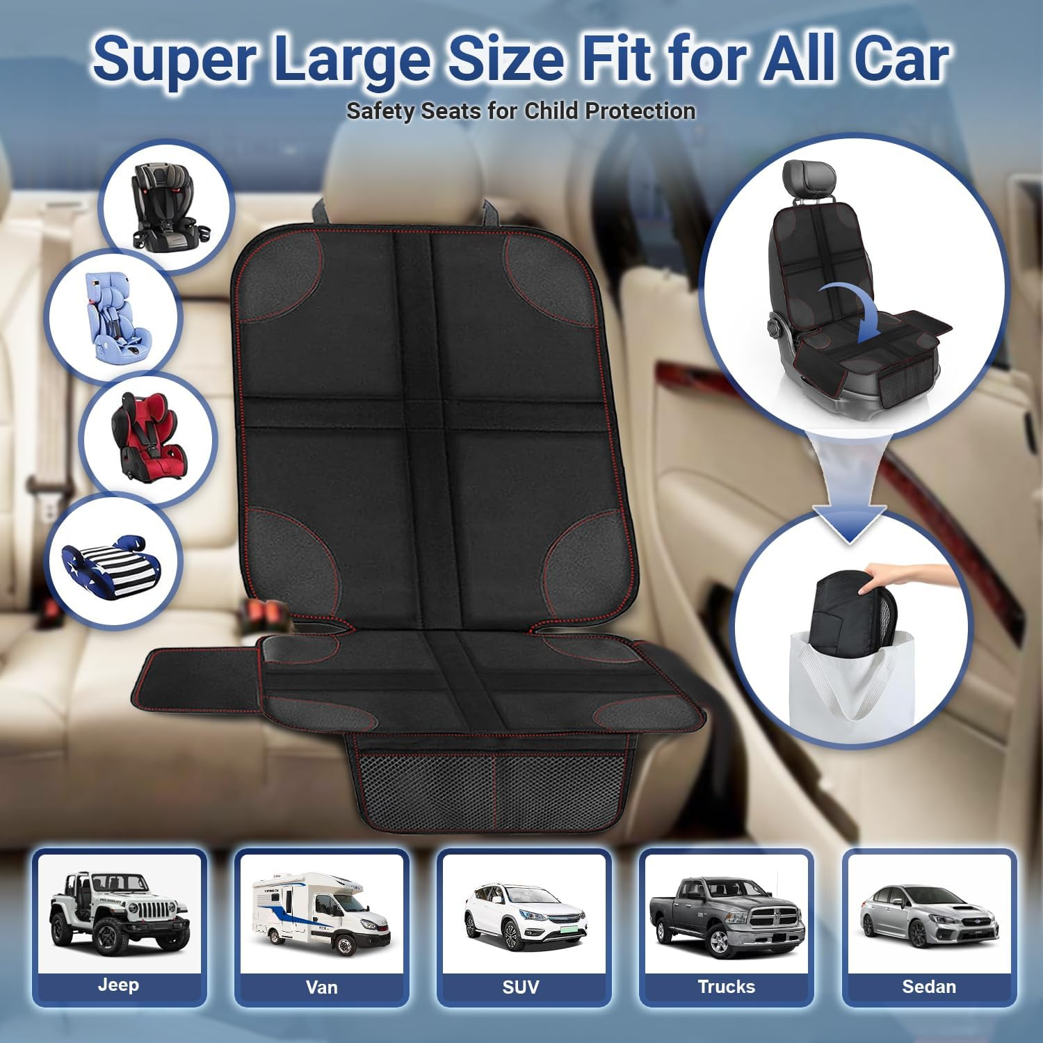 Xkimos Car Seat Protector for Child Car Seat, 600D Fabric Waterproof Car Seat Cover with Non-Slip Backing, Universal Fit with Mesh Pockets & Extra-Wide Side Wings (1 Pack)