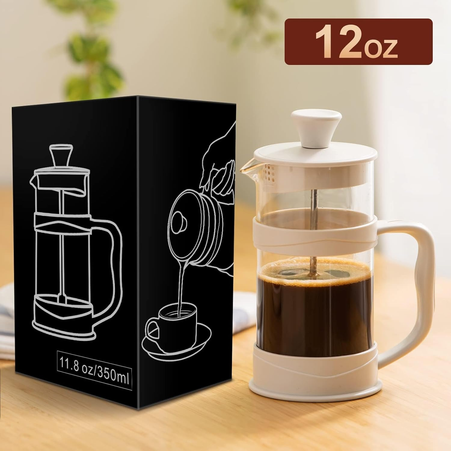 PARACITY French Press Coffee/Tea Maker, Camping Mini Coffee/Tea Press of 304 Stainless Steel Filter and Heat Resistant Glass, Cold Brew Coffee Maker 11.8OZ for Travel& Home Gift(White) - White image number 6