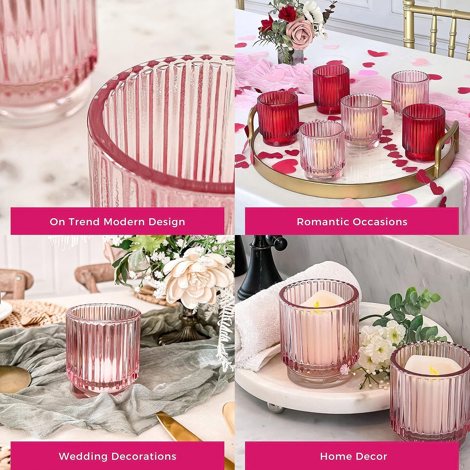 Kate Aspen Blush Pink Vintage Ribbed Glass Tealight Votive Candle Holders by (Set of 6), Pink Decor, Boho Decor, Shelf Decoration, Rose Gold Look | Perfect Hostess Gift image number 3