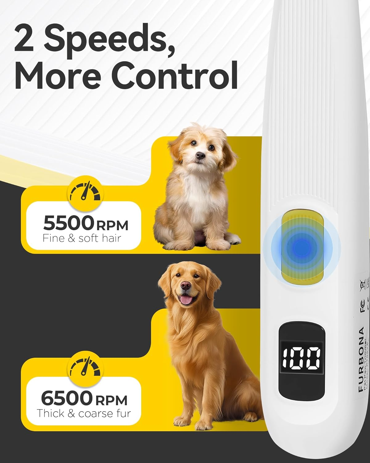 FURBONA Upgraded Dog Paw Trimmer with Digital LED Display & Enhanced Lighting &ndash; Cordless 18Mm Blade Clippers, 2-Speed, 35Db Low Noise, USB-C Rechargeable, for Grooming Paws, Ears, Face, Rump image number 3