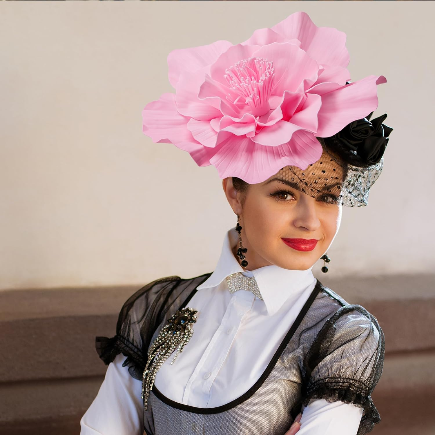 Wehhbtye Large Flower Fascinator Hat for Women, Tea Party Flower Headwears, Lady Fascinators Headband for Party Accessories - Pink image number 6