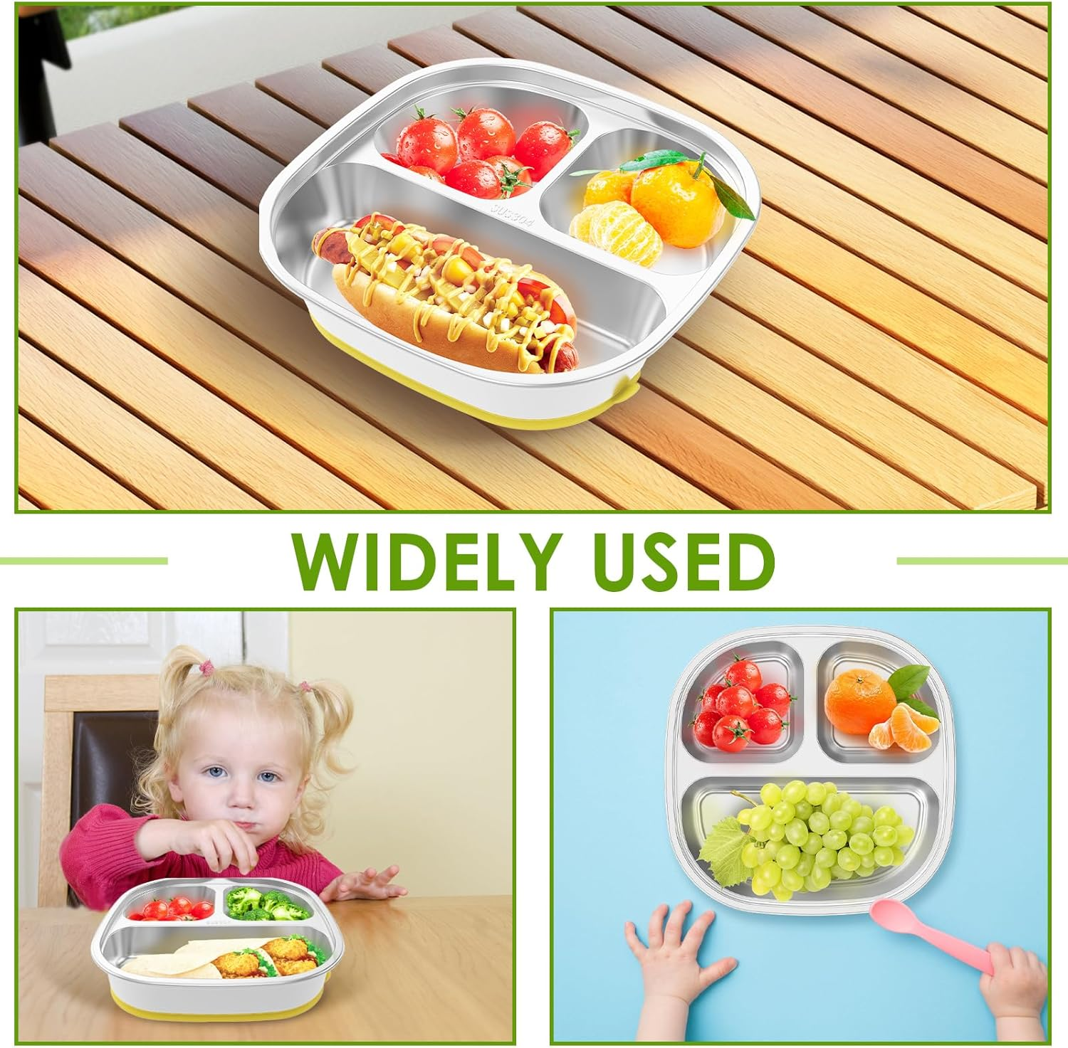 Stainless Steel Kids Plates Divided Designed, Metal Kid Plate Safe Versatile, Divided Plates Reusable Baby Suction Plates, Easy to Clean Toddler Plate for Kids