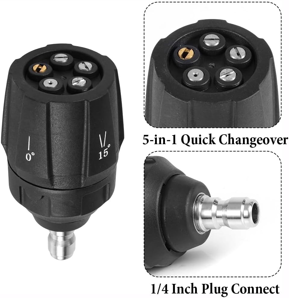 Yakamoz Pressure Washer Spray Nozzle 5-In-1, Quick Changeover Power Washer Nozzle for High Pressure Washer, 1/4 Inch Plug Connect Tips, 3000 PSI image number 5