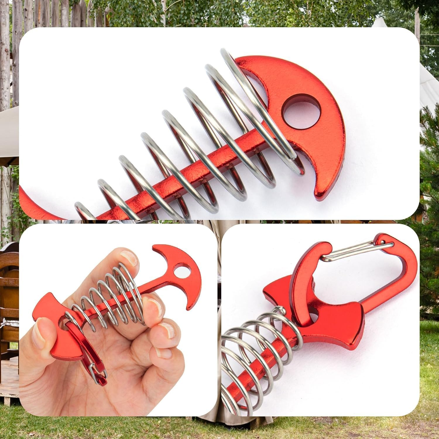 Walquicks 10Pcs Fishbone Deck Anchor Pegs, with Spring with Carabiners Aluminium Deck Tie down Tent Stakes Buckle Aluminium Deck Windproof Tent Stakes, for Outdoor Camping Hiking