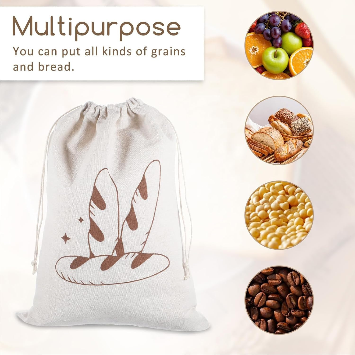 Yharnamite 3 Pcs Linen Bread Bags, 30 X 40Cm Large Capacity Bread Storage Bags with Drawstring, Reusable Food Storage Bread Keeper for Homemade Bread, Baguette, Fruit, Vegetables image number 3