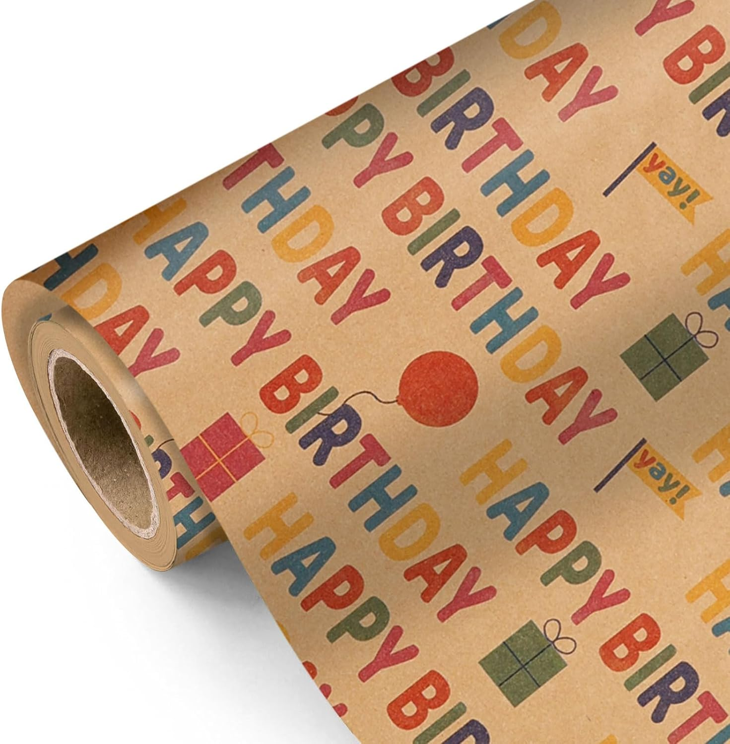 Birthday Wrapping Paper Roll &ndash; Colorful Happy Birthday Kraft Design &ndash; Thick, Wrapping Paper Birthday Gift Wrap Tear-Resistant for Gifts & Party Wrap, 43Cm Wide X 10M Long