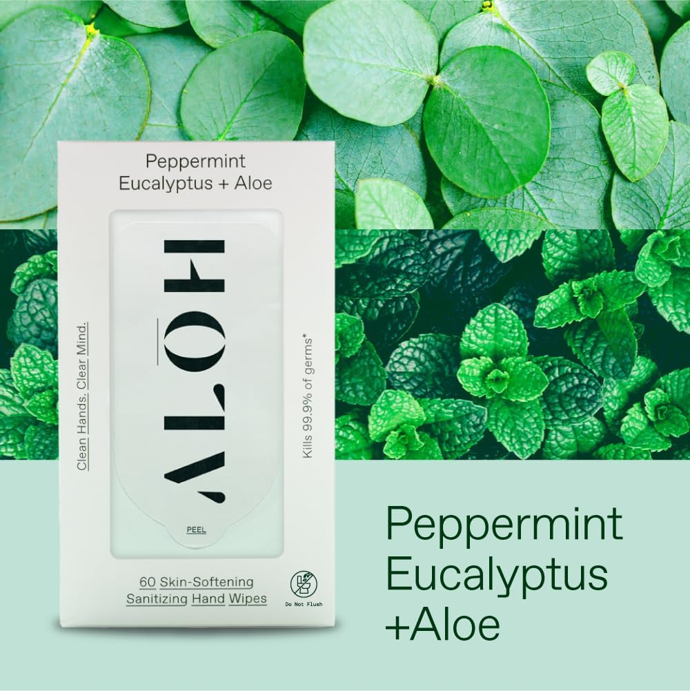 ALŌH Peppermint Eucalyptus + Aloe Sanitizing Hand Wipes - Clean Hands, Clear Mind on the Go Sanitizer for Kids and Adults - Travel Size 3 Pack 20Ct Wipes (60 Wipes) image number 4