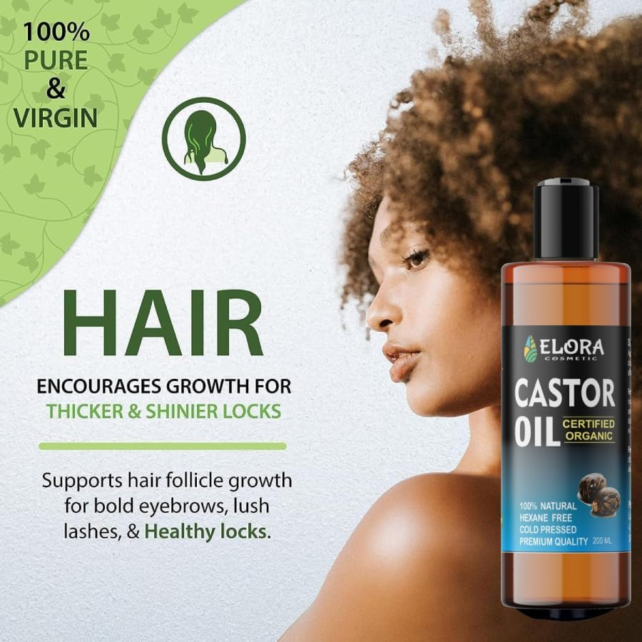 Certified Organic Castor 200ML Oil, Cold-Pressed Castor Oil, Hexane Free, Castor Oil for Hair Growth, Eyebrows, Eyelashes and Dry Skin. Anti-Oxidant Oil for Hair, Skin, Face.(Plastic Bottle) (200 ML) image number 1
