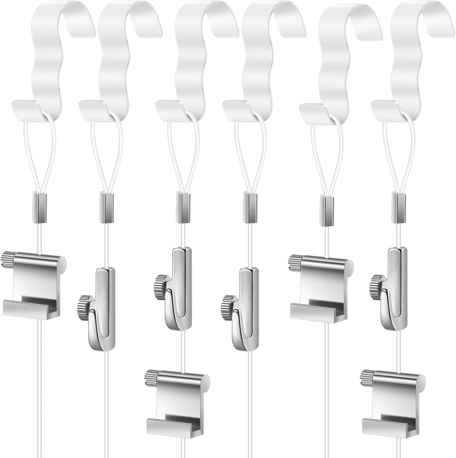 Dunzy 10 Pcs Picture Rail Hanging System Kit Picture Rail Hooks Molding Hangers with Invisible Nylon Cord and Adjustable Hooks for Exhibition, Art Gallery Supplies, White image number 3