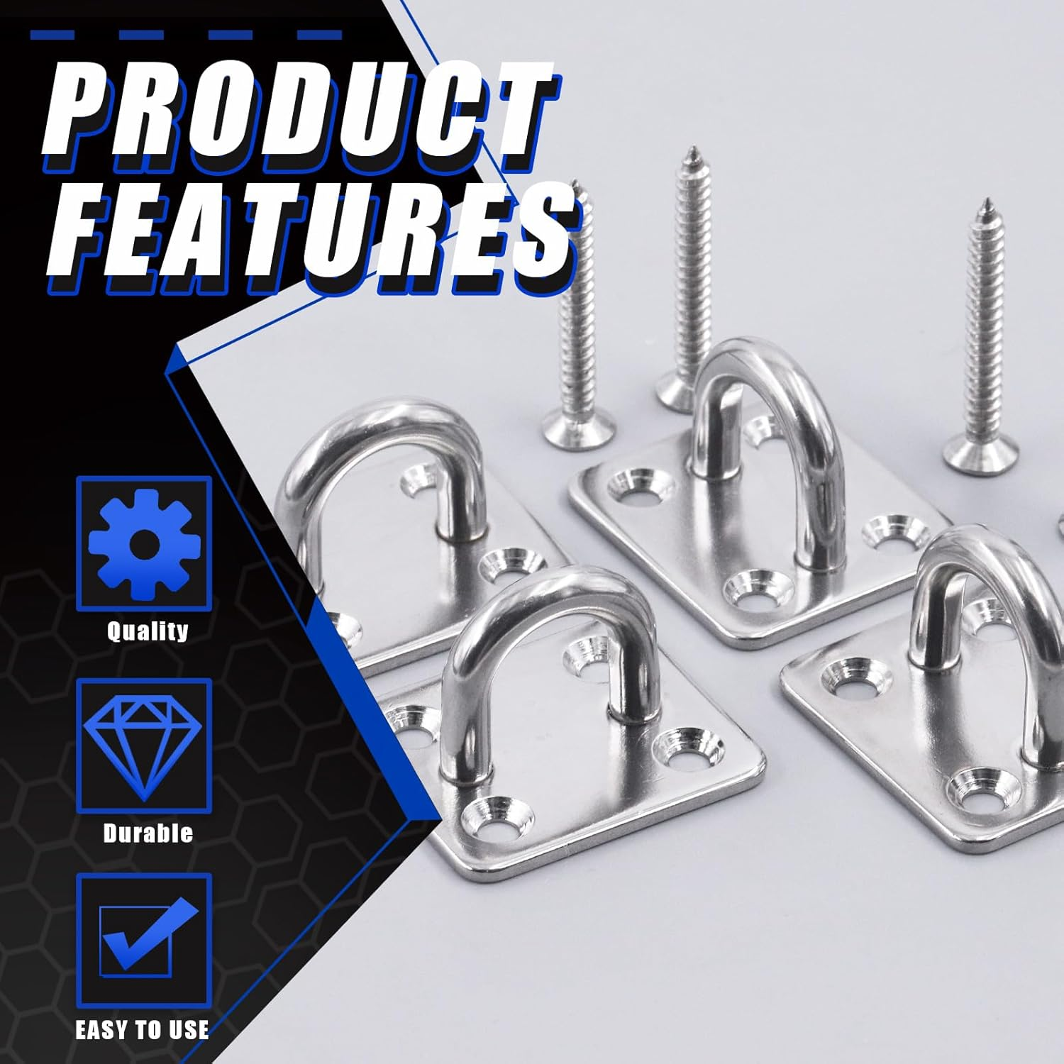 Glarks 8Pcs M6 Stainless Steel Pad Eye Plate Hook and Snap Hook Kit, Square Eye Plate U Hooks Heavy Duty Ceiling Hooks and Carabiner Clips Snap Hook for Ceiling and Mounting Hanging Hardware image number 5