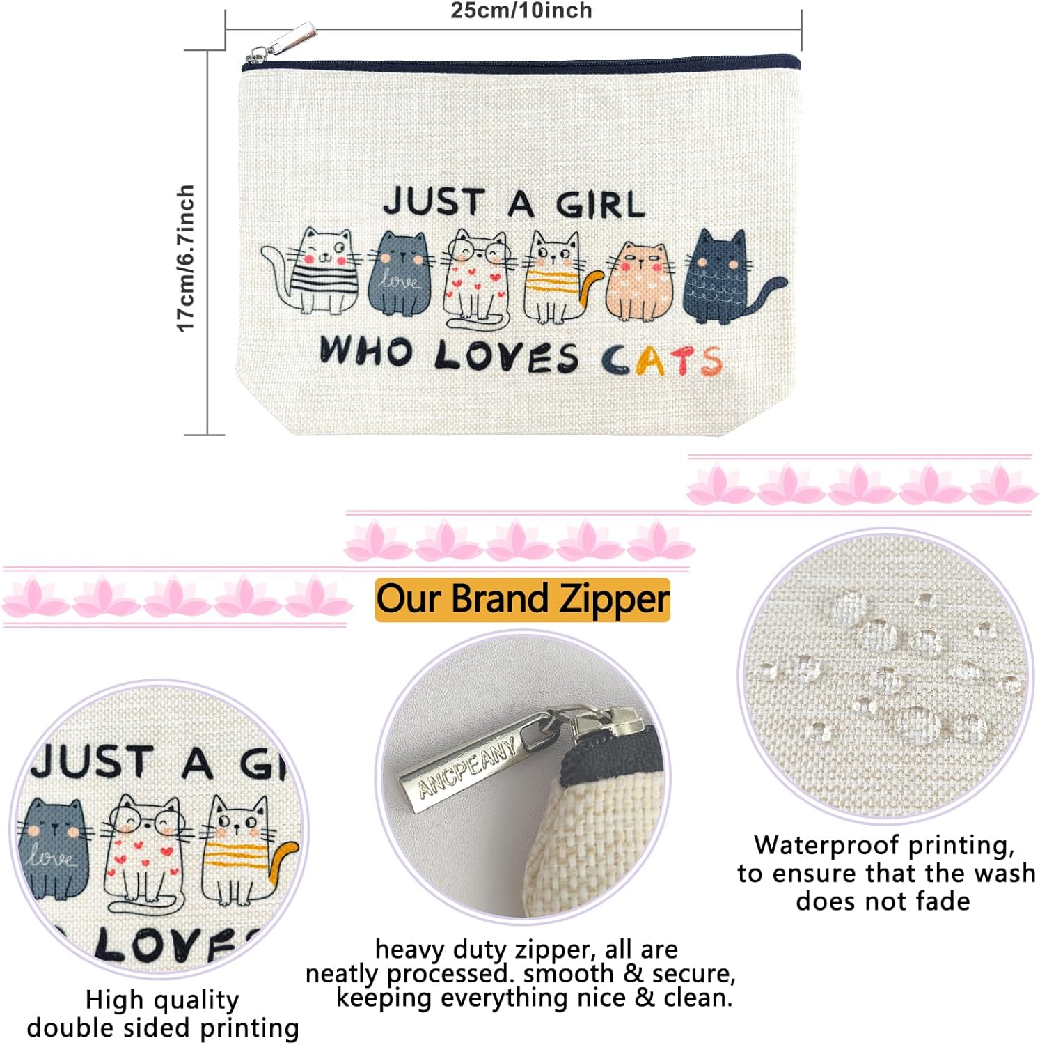 Animal Lover Gifts for Women Girls, Funny Washed Double-Sided Printied Waterproof Linen Small Makeup Bags, Cat Lovers, Makeup Bag for Women - Green image number 4