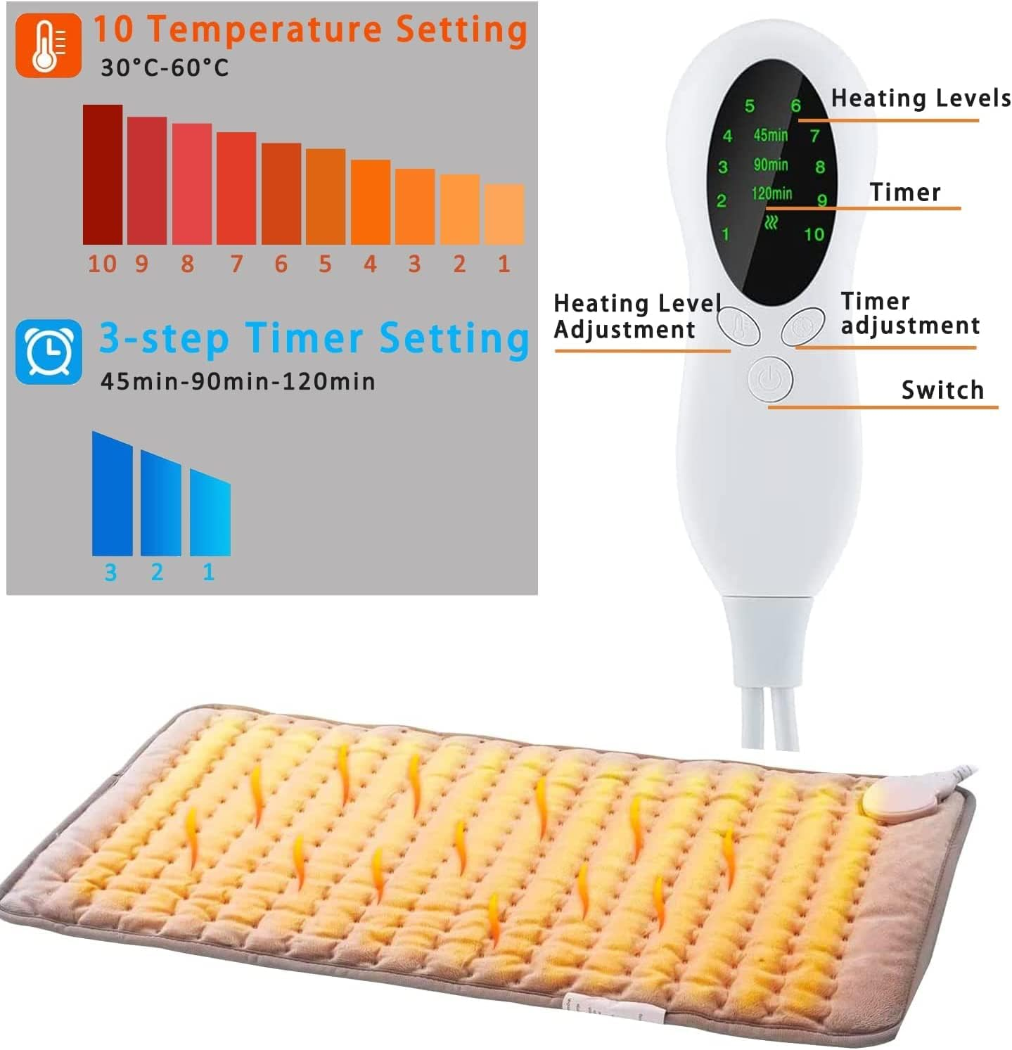 Large Electric Heating Pad for Back Pain Relief &ndash; Fast-Heating with 6 Temperature Settings, Auto Shut-Off | Machine Washable | Neck, Shoulder & Muscle Period Menstrual Pain Relief |(Grey) &ndash; Australia Plug image number 5