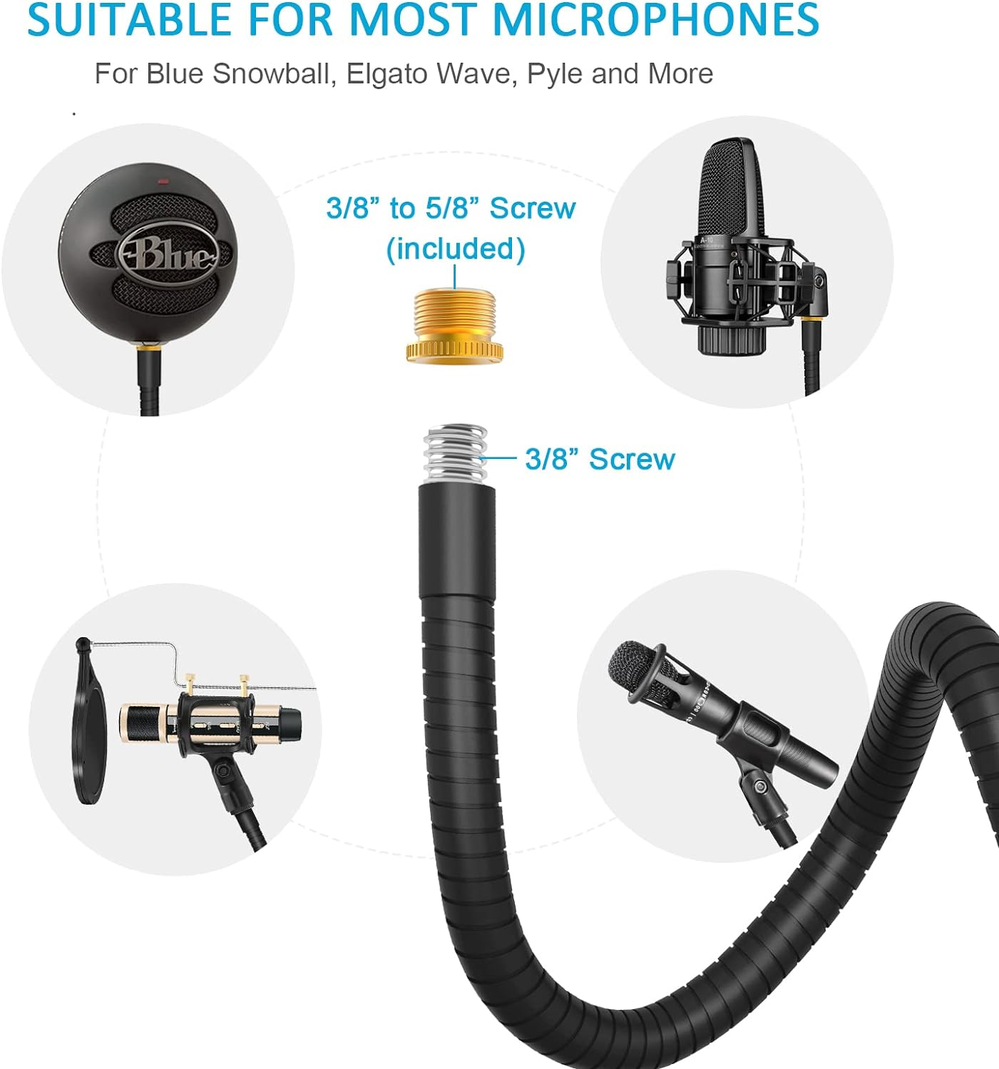 Zealsound Microphone Stand,Flexible Gooseneck Desktop Mic Stands Holder with Heavy Duty Desk Clamp,3/8" to 5/8" Screw Adapter Include 360 Adjustable Compact Mic Arm for Blue Snowball Ice Spark (Black) image number 4