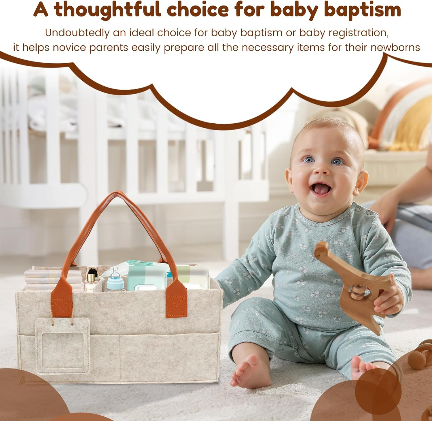 Baby Diaper Caddy Organizer, Nursery Storage Basket for Newborn Essentials Portable Thickened Felt Baby Diaper Caddy with PU Leather Handle Multiple Compartment for Home Outdoor New Parent image number 6