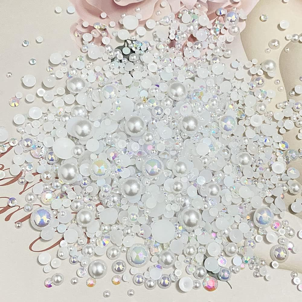 100G Mix Resin Rhinestones Flatback Half round Pearls Mixed Size 3Mm-10Mm AB Color Half Pearls Resin Rhinestones for DIY Craft Nail Art Shoes Clothes Phone Case (White Series) image number 4