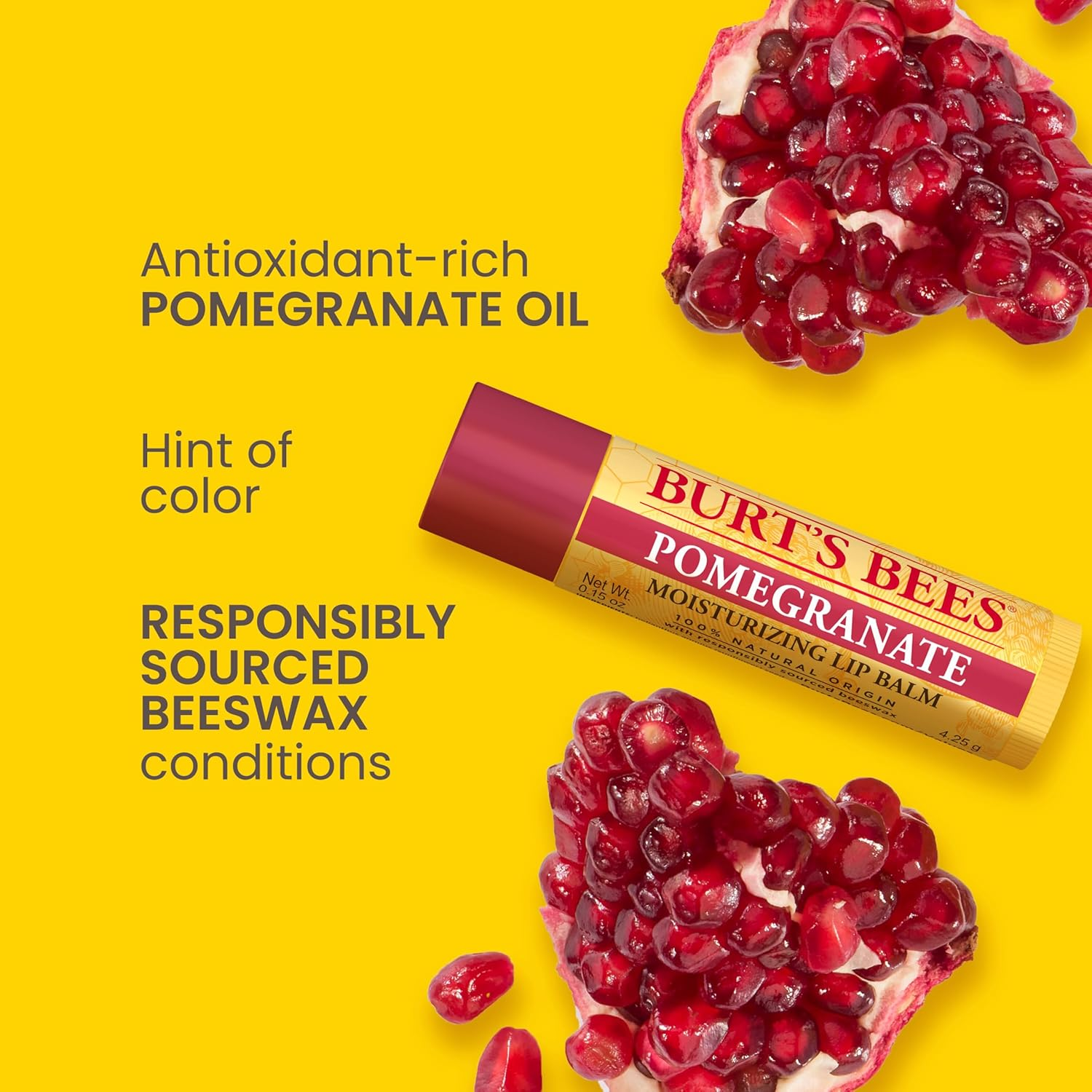 Burt'S Bees 100% Natural Origin Moisturising Lip Balm, Pomegranate, 2 Tubes image number 2