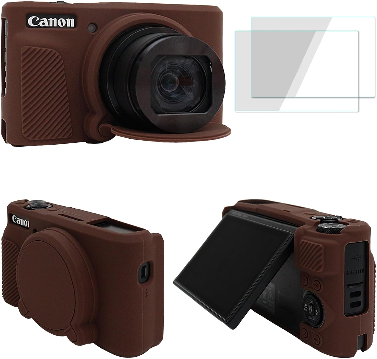 VOVMOEYA SX740 Camera Case Accessories Set[With 2 LCD Tempered Films],Silicone Protective Case Compatible with Canon Powershot SX730 SX740 HS Digital Camera-Brown