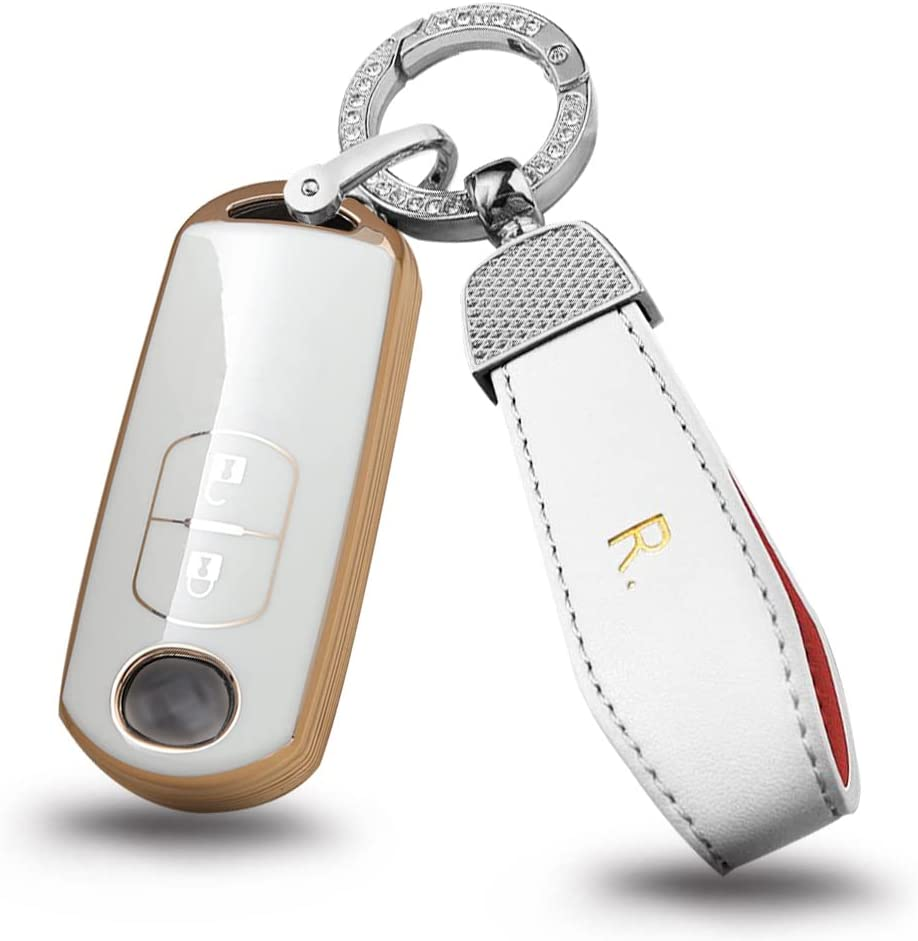Ontto Car Key Fob Cover Fit for Mazda MX5 CX-5 CX-7 CX-9 Mazda 6 Atenza Smart Key Case TPU Key Shell Key Holder Keychain Accessories 3-Buttons White