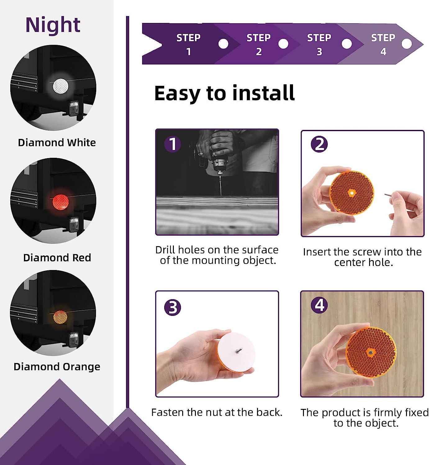 Swpeet 45Pcs round Front Reflector Driveway Trailer Reflectors, 3 Colors of Reflective Mailbox Reflector with Center Mounting Hole with 304 Stainless Steel Screw Used for Roads Mailboxes Tunnels image number 3