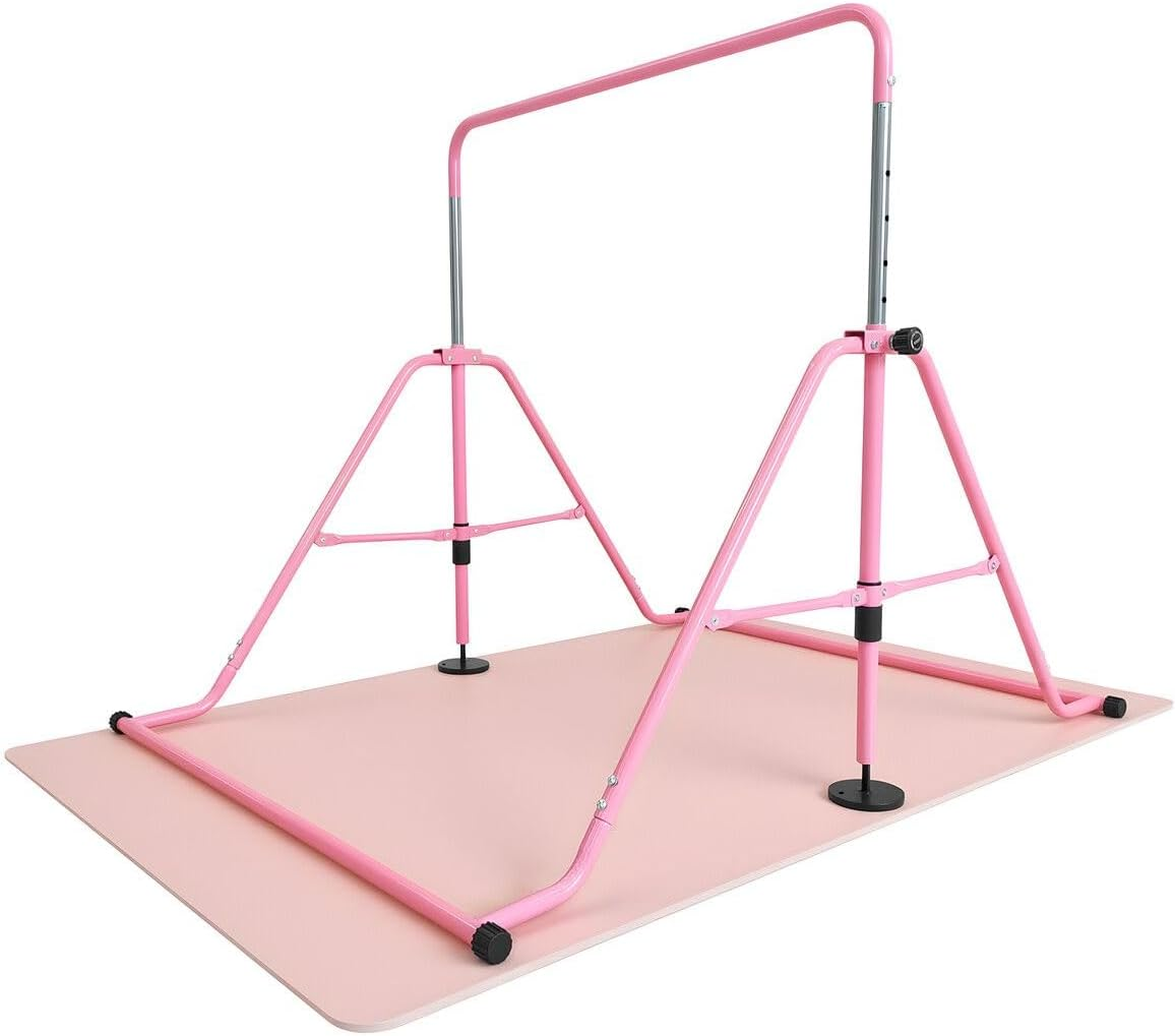 Genki Expandable Gymnastics Bars, Adjustable Height Gymnastic Horizontal Bars,Junior Climbing Frame Training Bar Children Folding Training Monkey Bars for Kids,Pink&hellip; - Pink/Mat 90-142 Cm