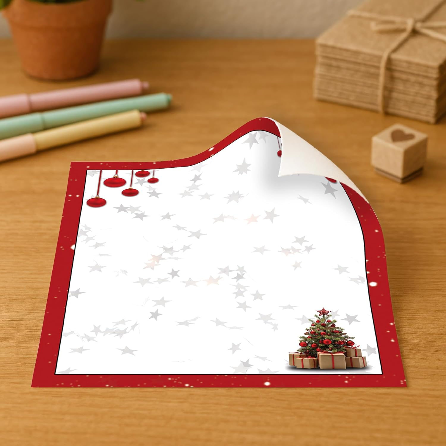 Red Bulbs & Christmas Tree Stationery Paper - 80 Sheets of Letterhead for Winter & Holiday Events