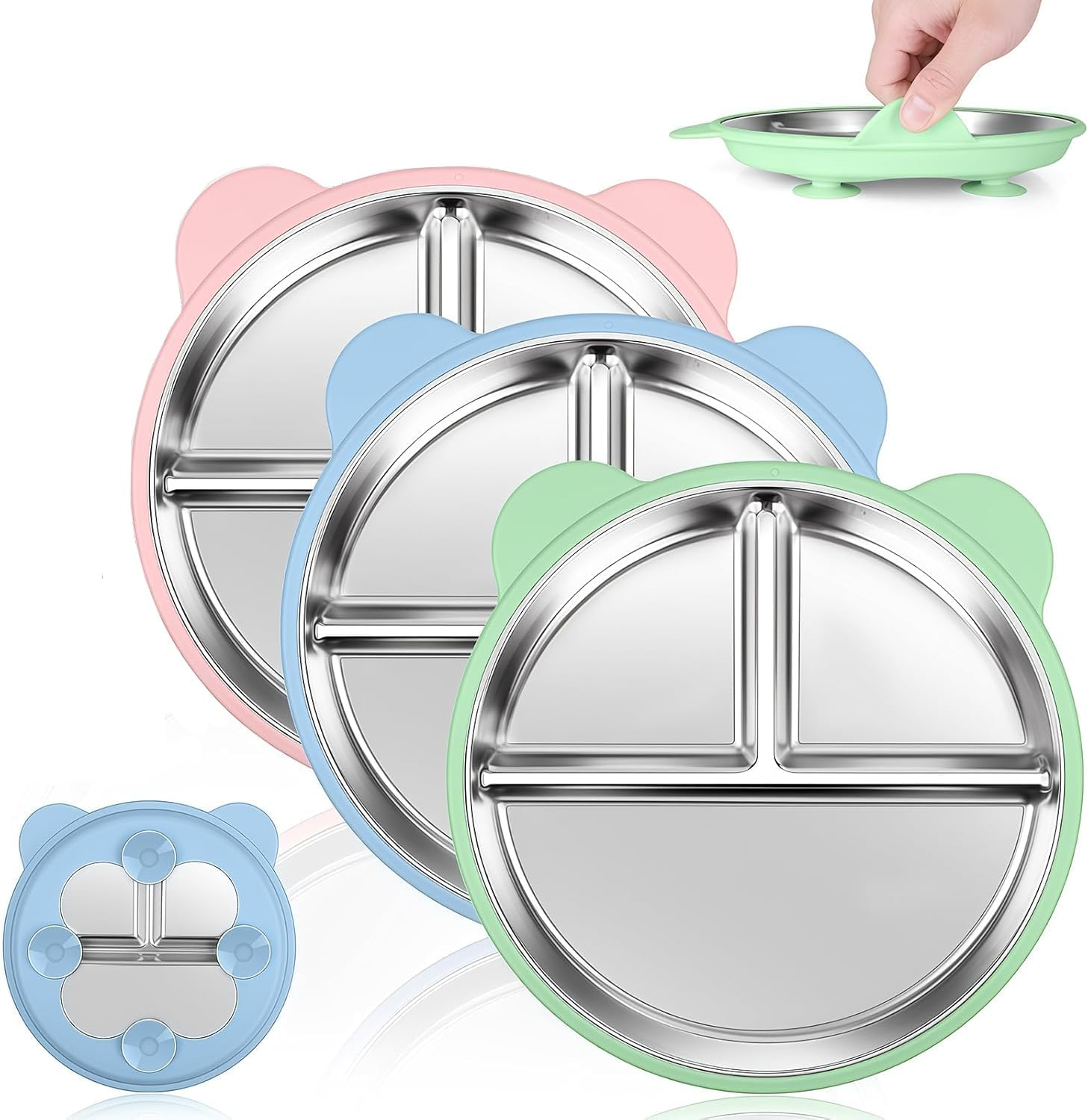 3 Pack Stainless Steel Toddler Plates with Suction,9&rdquo; Kids Divided Plates with Removable Silicone Sleeves,Non-Slip Portion Control Snack Dishes,Unbreakable, Dishwasher Safe Baby Feeding Set