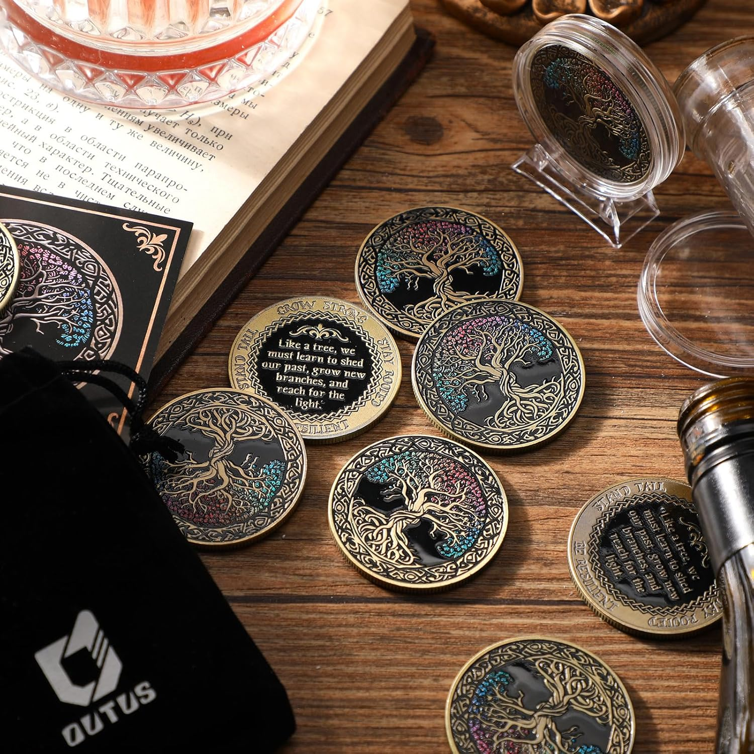Outus 12 Set Affirmation Sobriety Coin Gift Tree AA Chip Medallion with Coin Capsule, Display Stand and Card Alcoholics Anonymous Medallion Sobriety Gifts for Anniversary Men and Women in Recovery image number 5