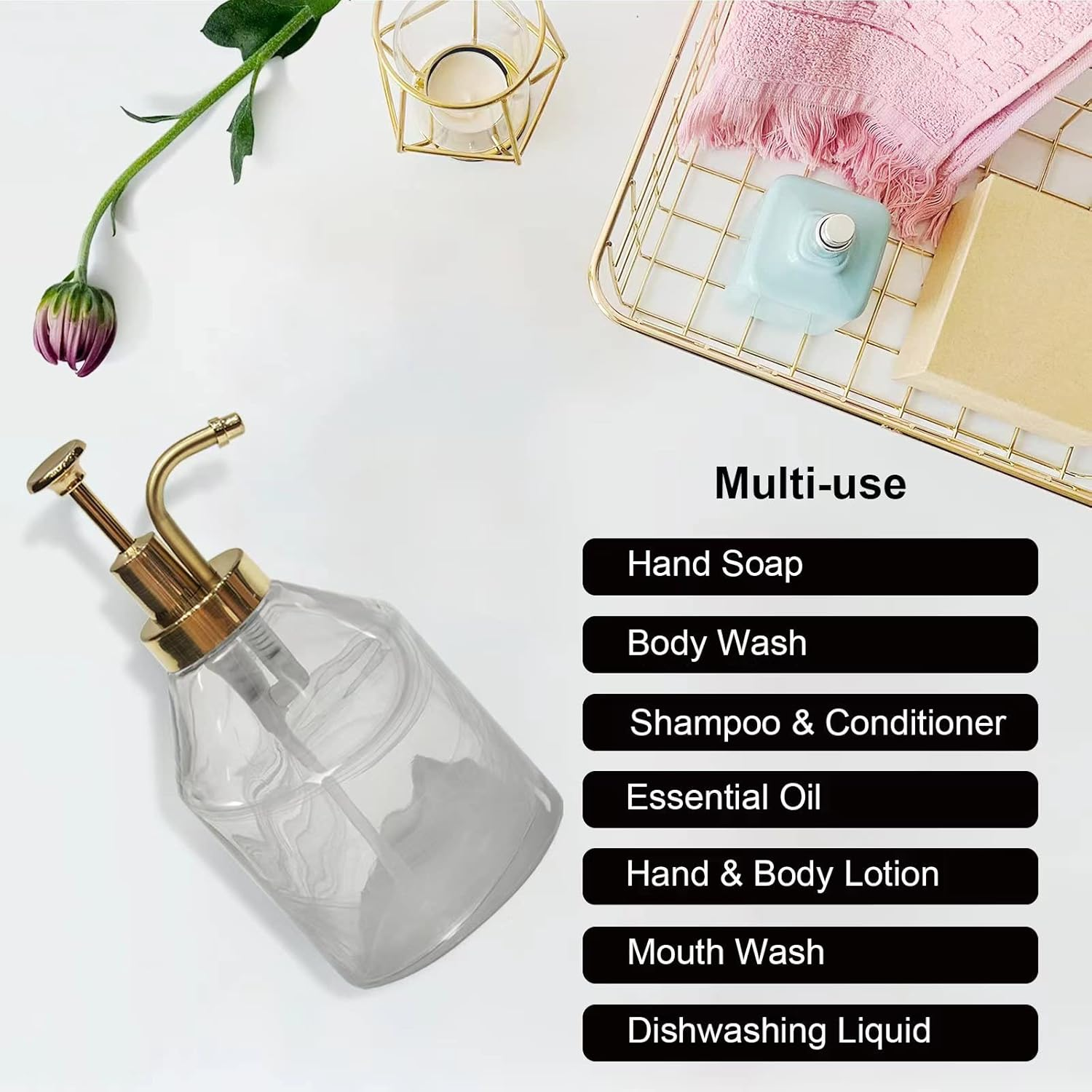 Glass Soap Dispenser Set, Hand Soap Dispenser and Dish Soap Dispenser, Soap Dispenser with Gold Soap Pump,Decorative Soap Dispenser for Bathroom & Kitchen Rustic Home Decor (Moire) image number 6