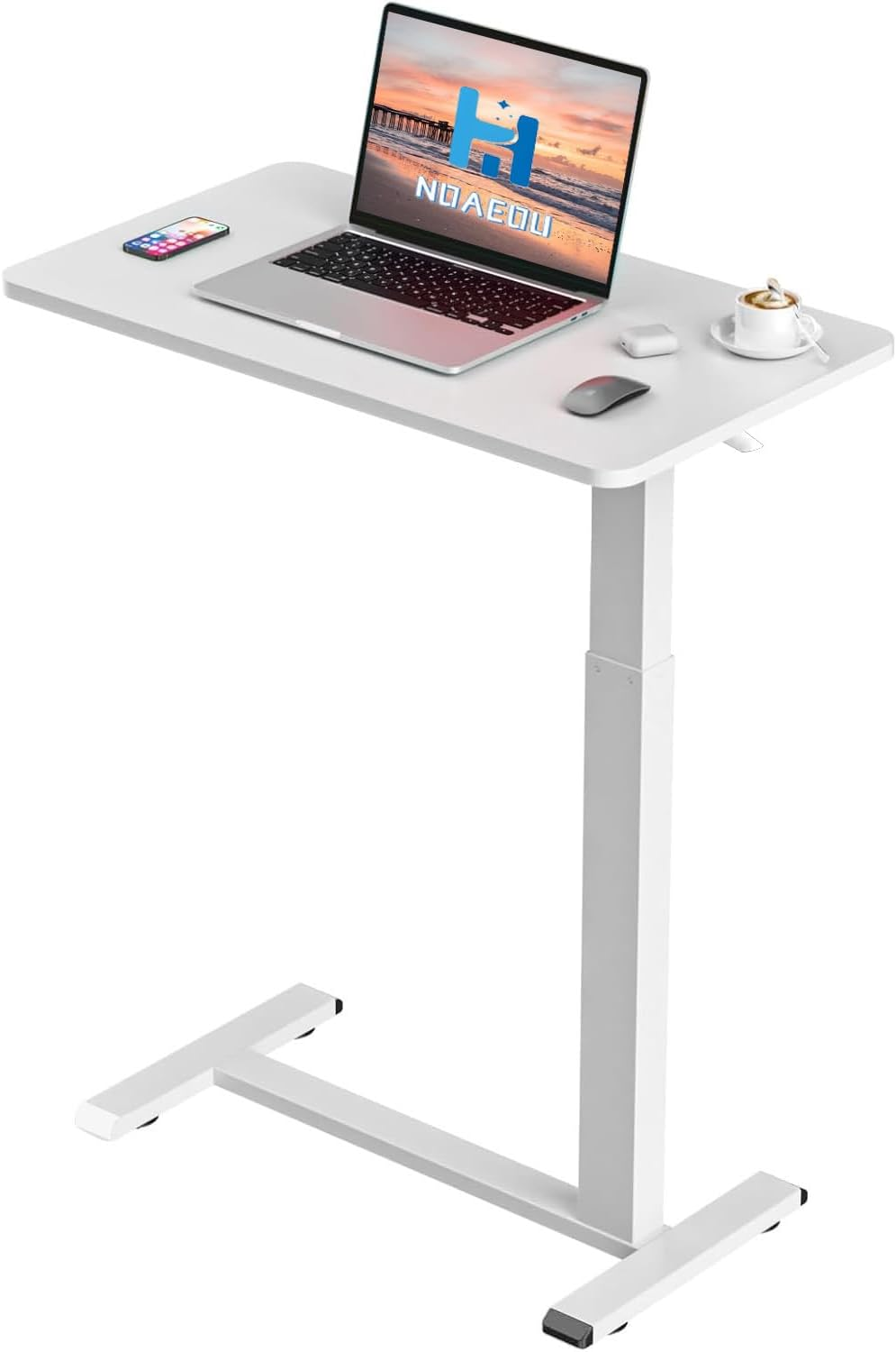 NOAEOU Adjustable Height Side Tables, Hospital Table over Bed for Home Use Swivel, Overbed Bedside Table with Wheels, Pneumatic Moveable Bed Desk, Moveable Rolling Computer Table (White)