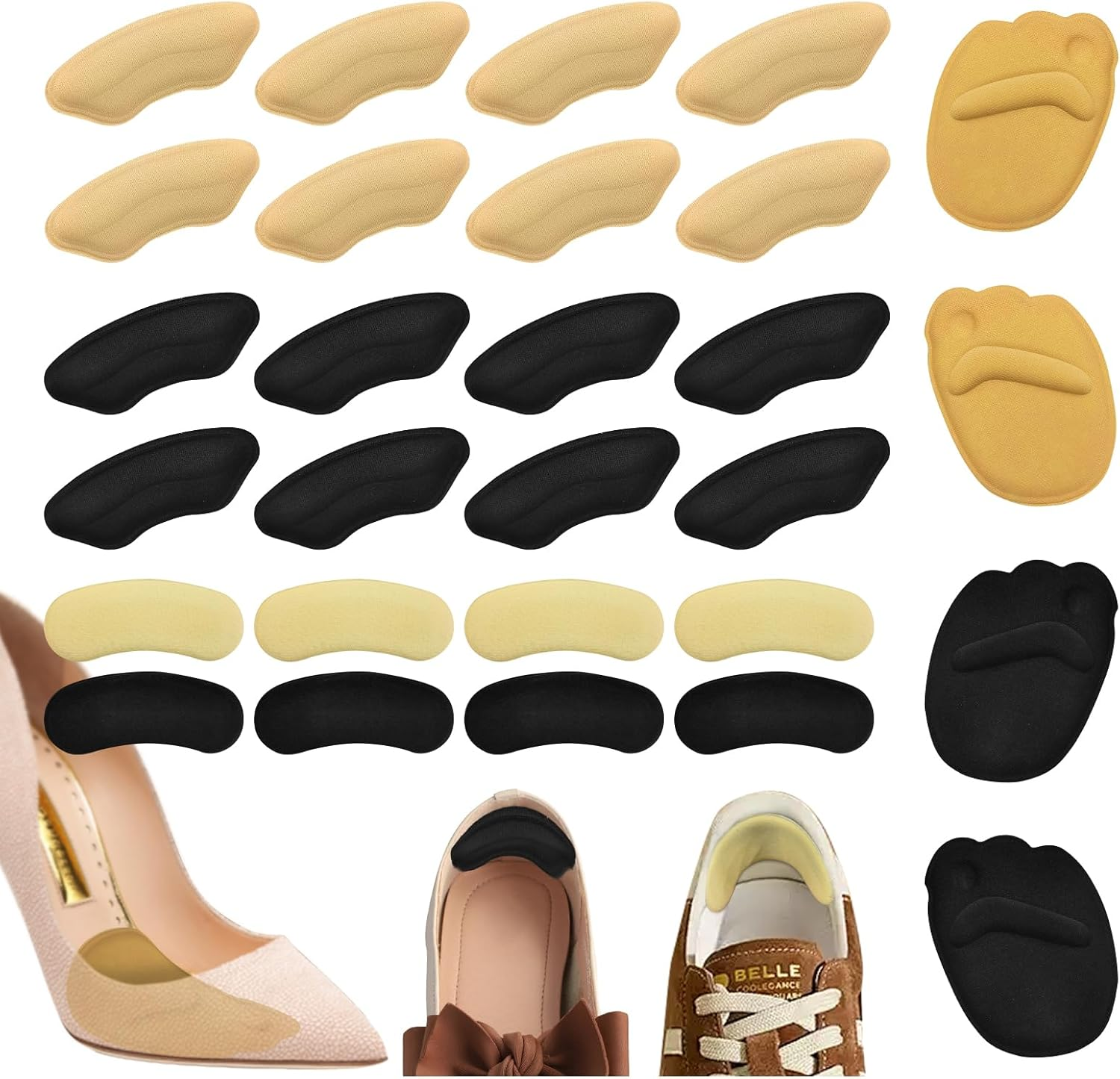 Unisex 14-Piece Heel Grips Set | Heel Cushions & Cups Heel Cushions & Cups*12 + Forefoot Pads Forefoot Pads*2, Self-Adhesive Shoe Inserts Shoe Inserts for Better Fit.(Black+Beige) image number 3
