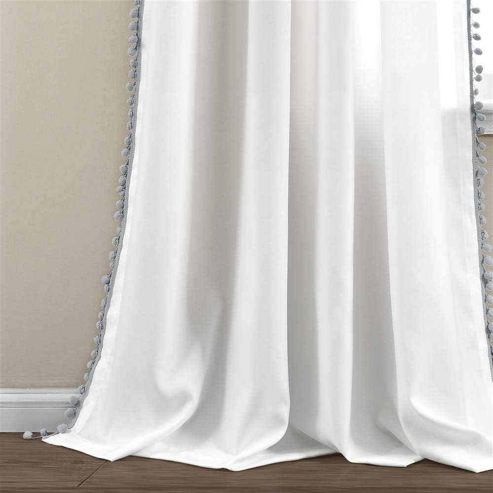 Lush Decor, Gray Pom Curtain | Textured, Solid Color Shabby Chic Style Window Panel for Living, Dining Room, Bedroom (Single), 84&rdquo; X 50 White, 84" X 50" image number 2