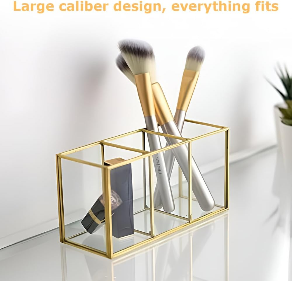 3-Section Glass Makeup Brush Holder, Gold Frame Cosmetic Organizer, Vanity Toiletries Storage Box, for Forbeauty Tool Brushes & Lipsticks image number 5