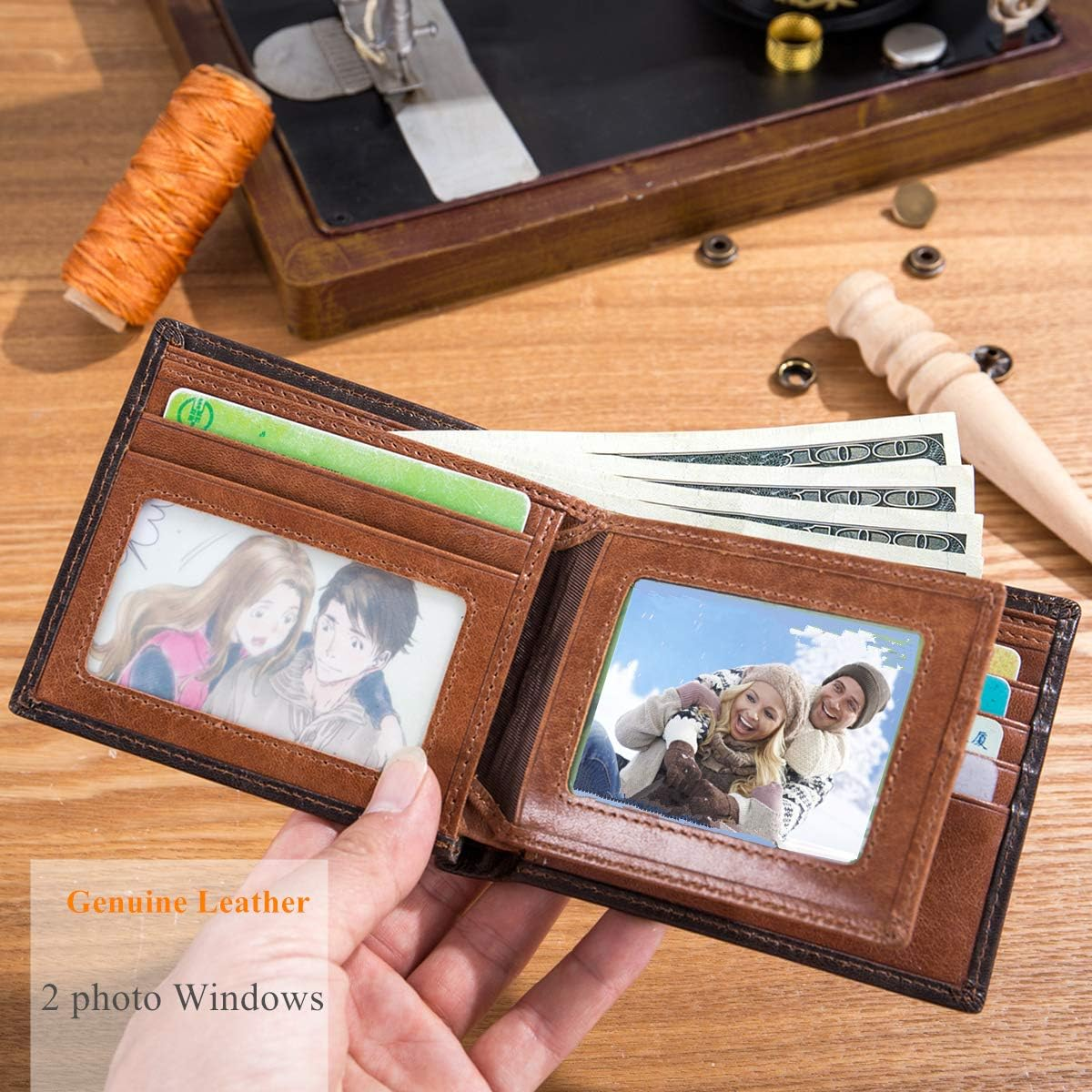 BULLCAPTAIN RFID Wallets for Men Slim Bifold Genuine Leather Front Pocket Wallet with 2 ID Windows QB-05, Brown, S, Minimalist - Crimson image number 6